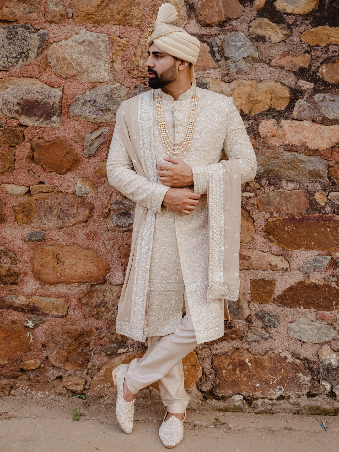 Beige Paisley Floral Border Sherwani