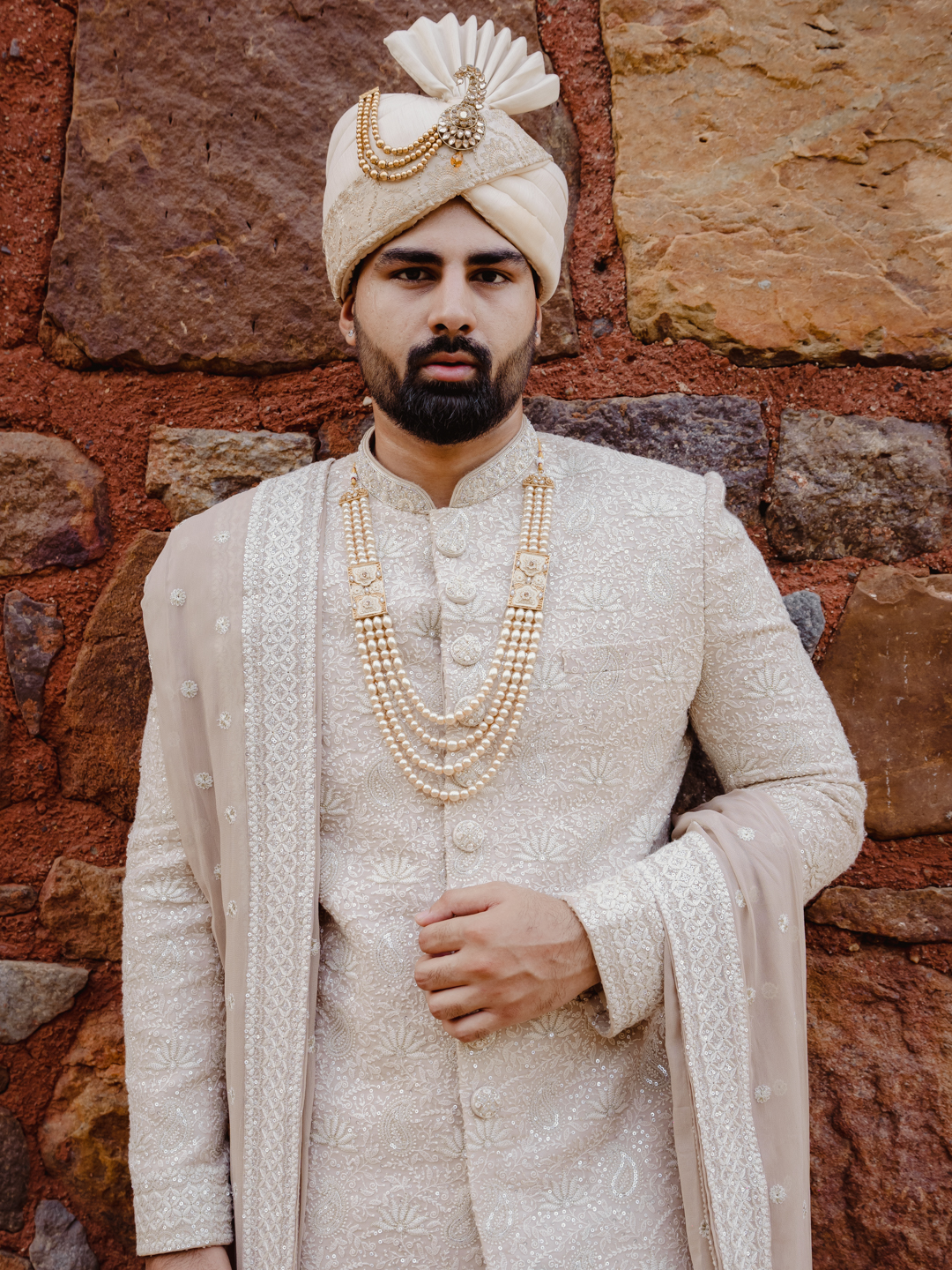 Beige Paisley Floral Border Sherwani