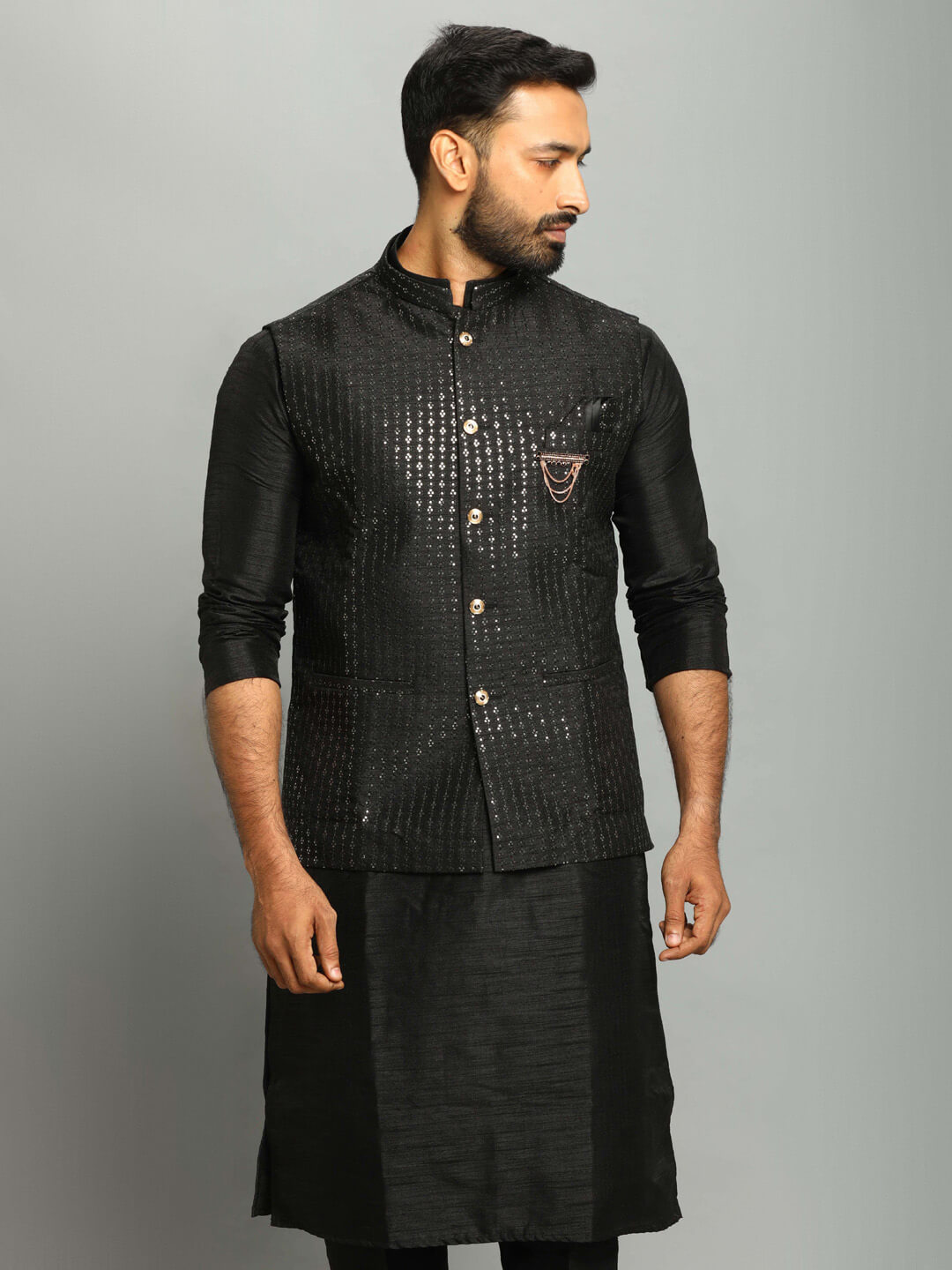 displaying image of Black 3 Piece Kurta Pyjama Gold Hint