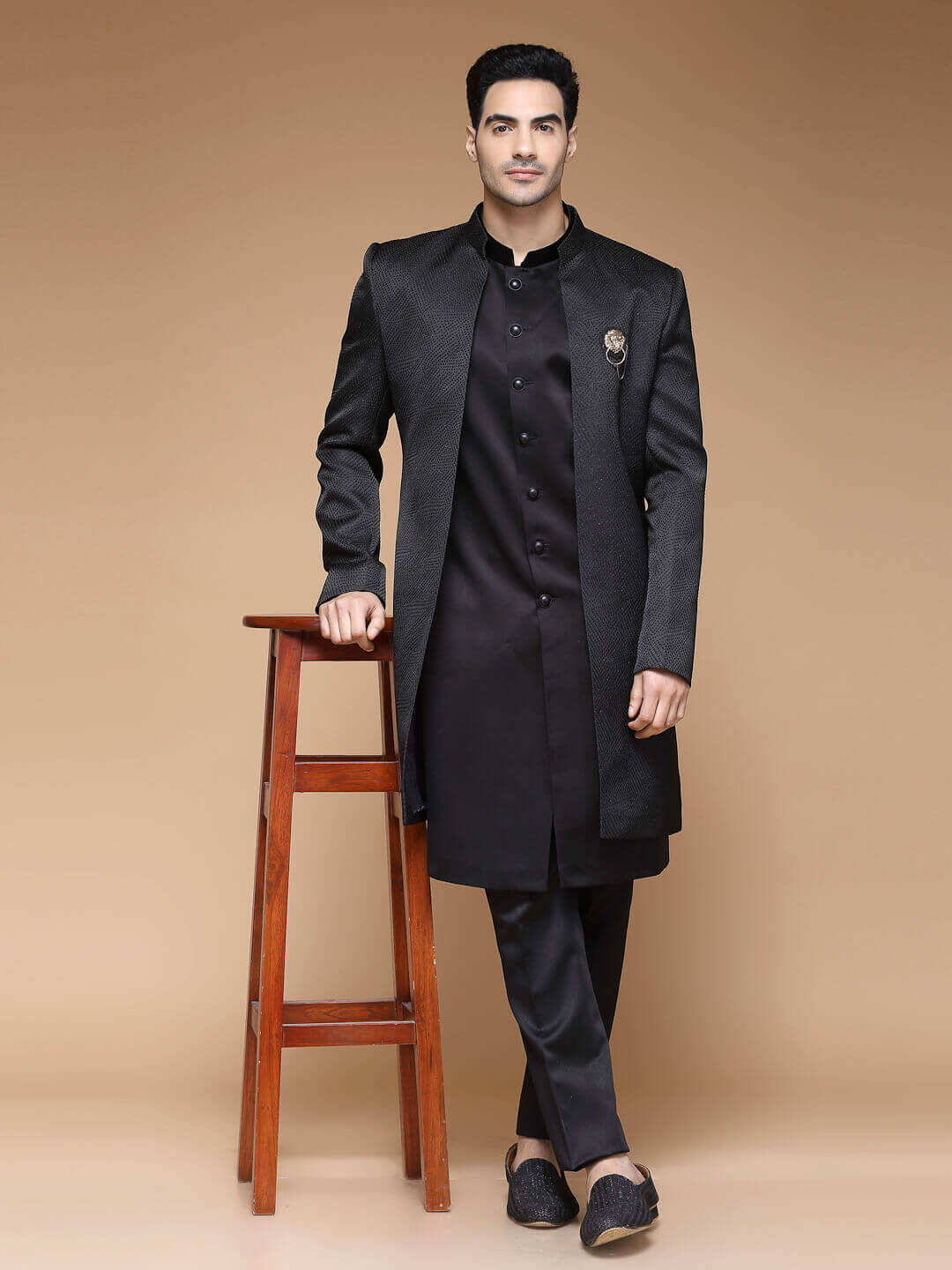 Black Dotted Open Jacket Sherwani