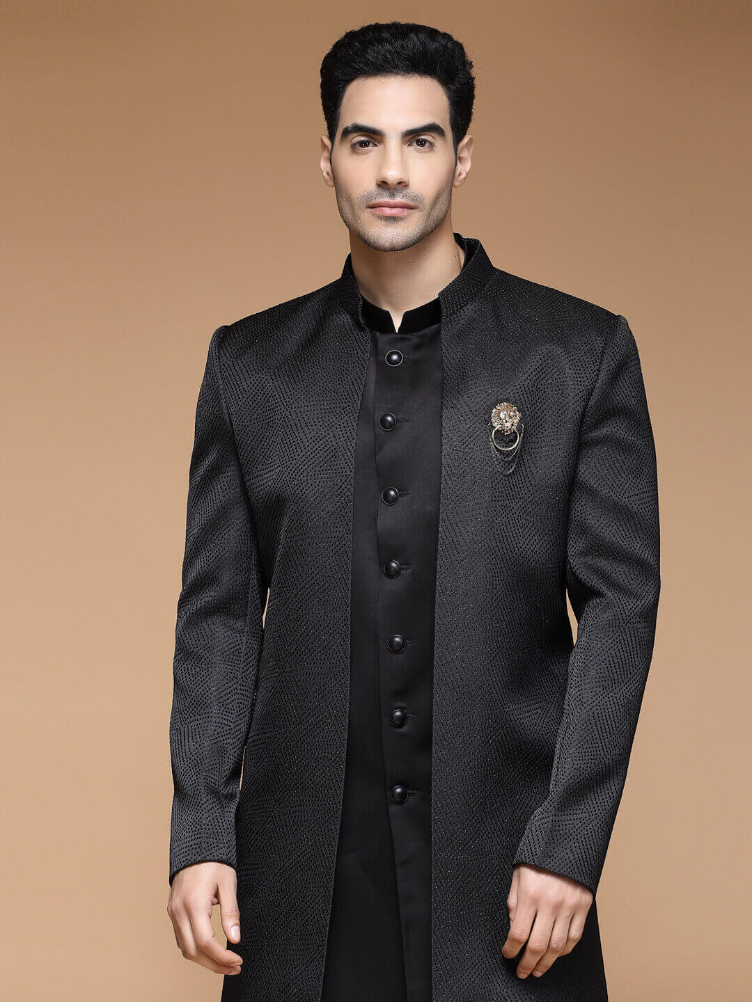 Black Dotted Open Jacket Sherwani