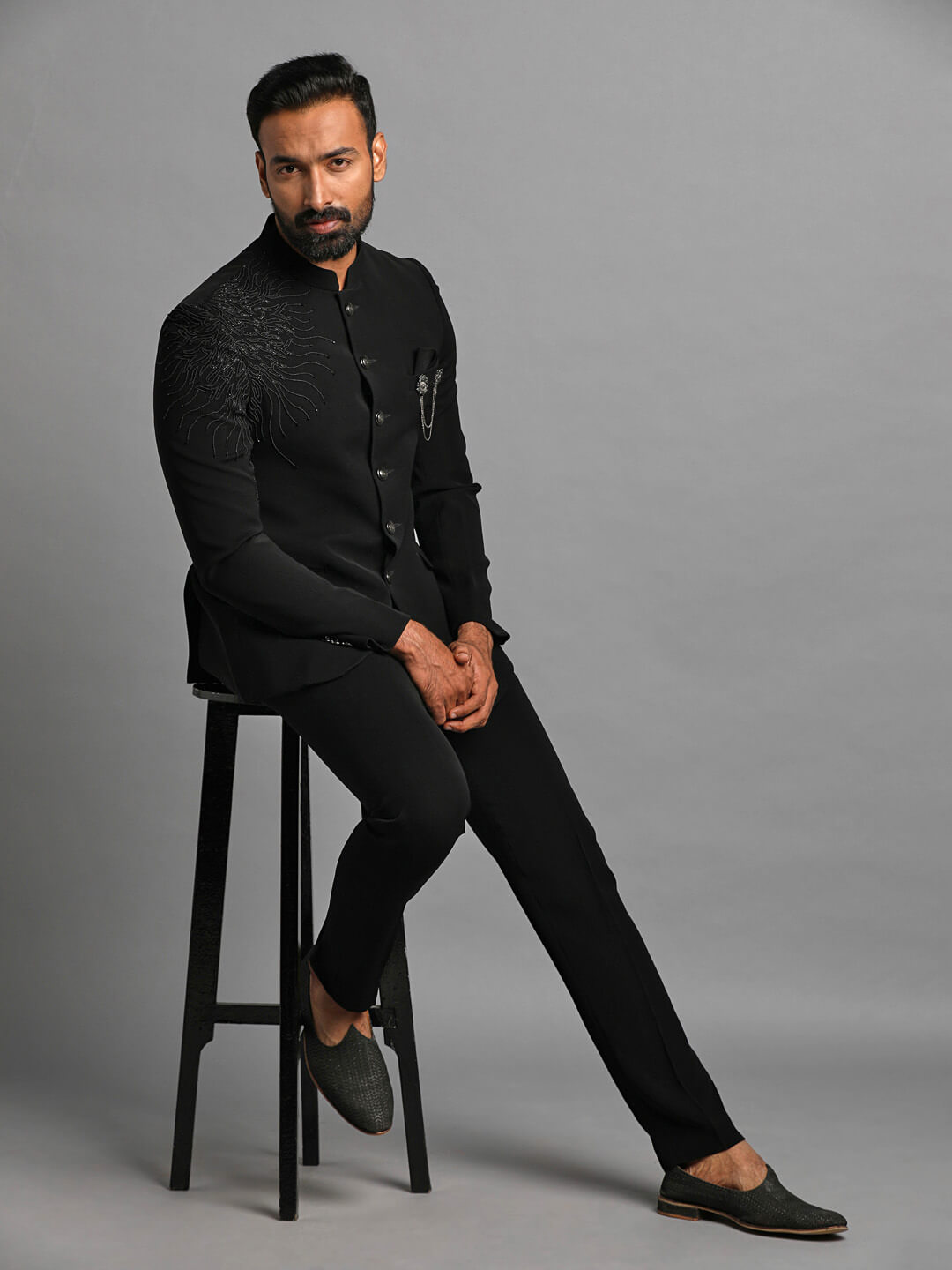 Black Embellished Jodhpuri with Left Shoulder Rays