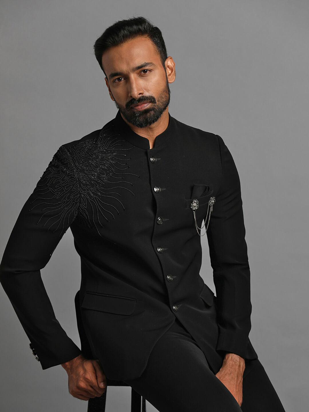 Black Embellished Jodhpuri with Left Shoulder Rays