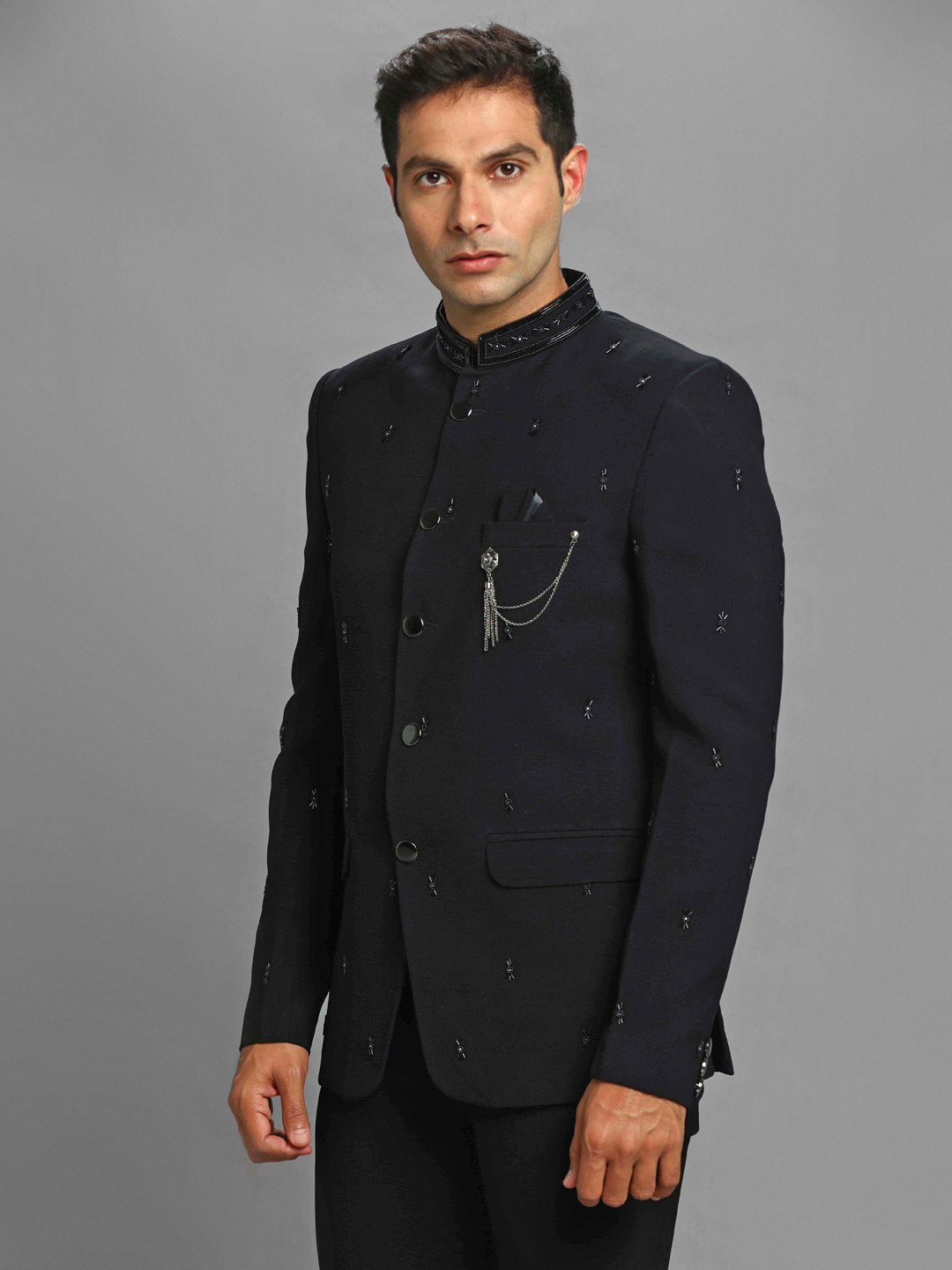 displaying image of Black Embroidered Booti Jodhpuri