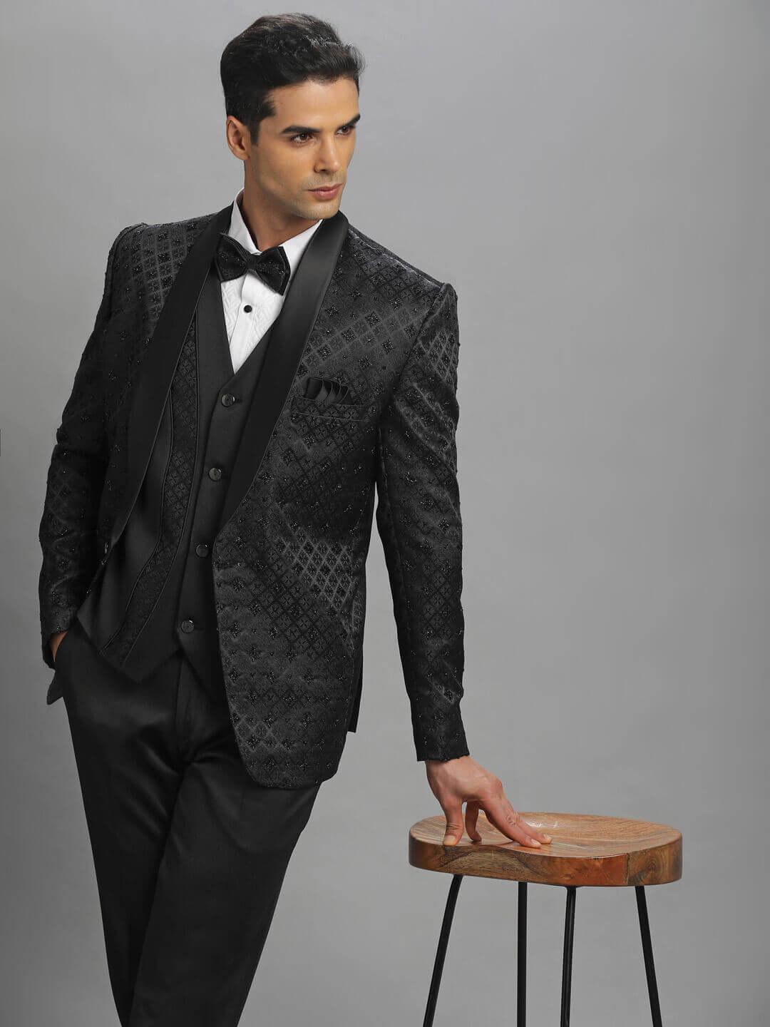 displaying image of Black Embroidery Ceremony 3 Piece Tuxedo