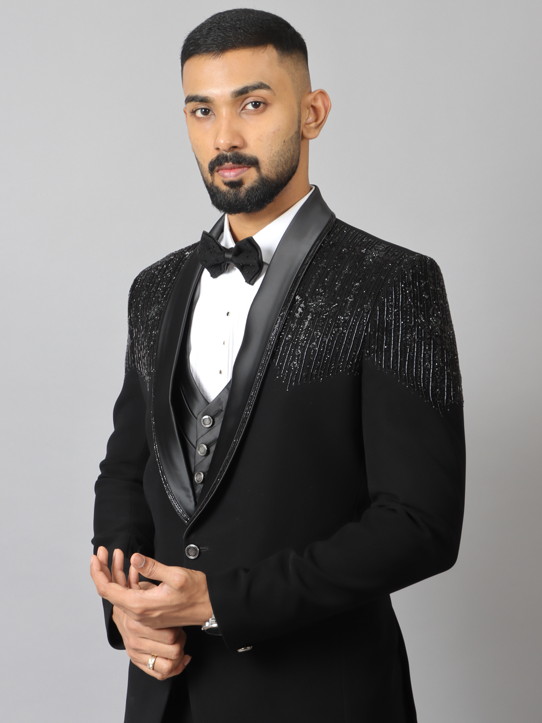 Black Embroidered Vertical Black Beads Suit
