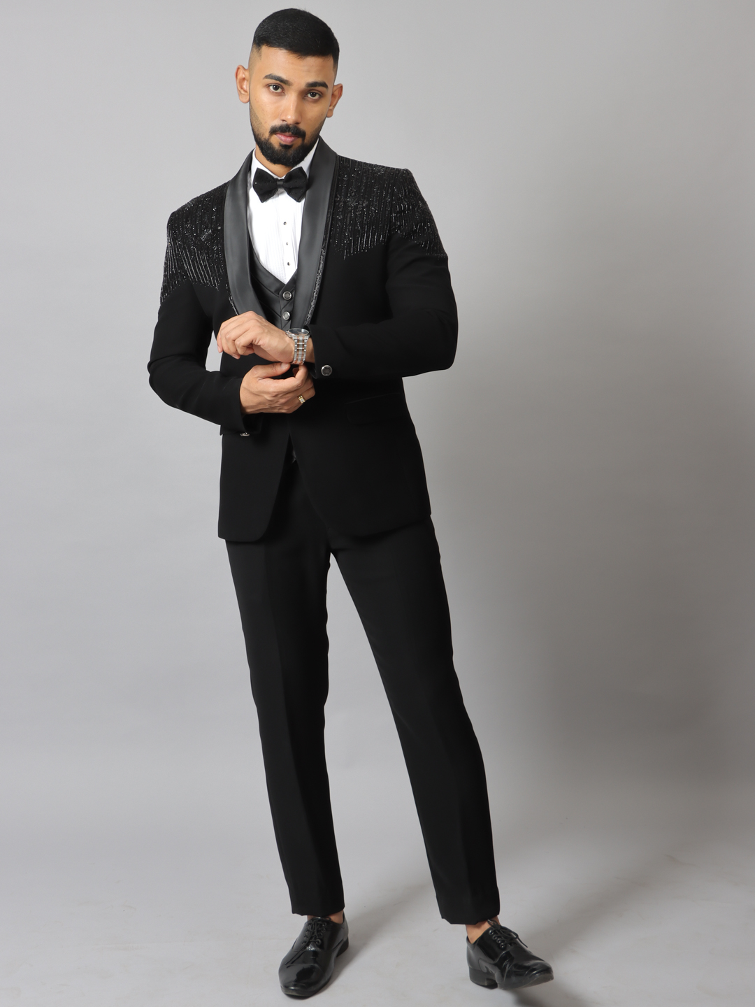 Black Embroidered Vertical Black Beads Suit