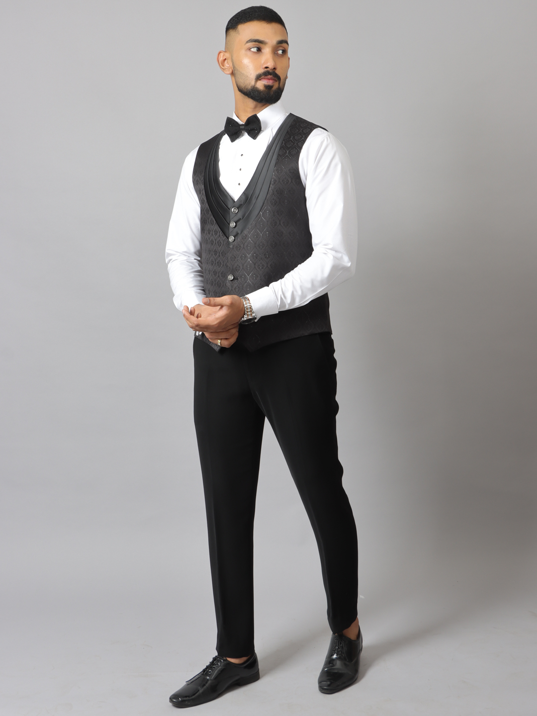 displaying image of Black Embroidered Vertical Black Beads Suit