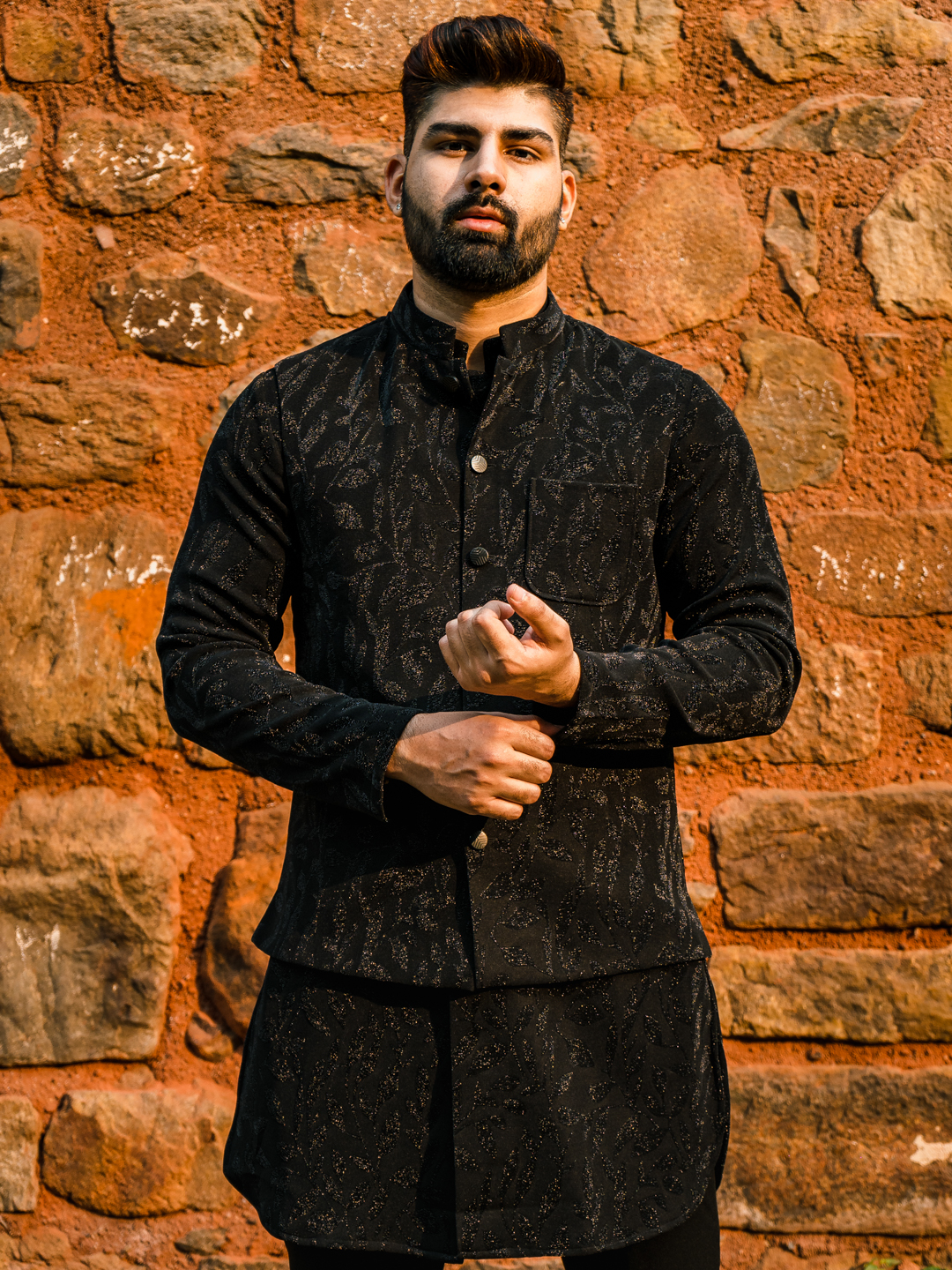 Black Full Velvet Floral Kurta Bandi Set