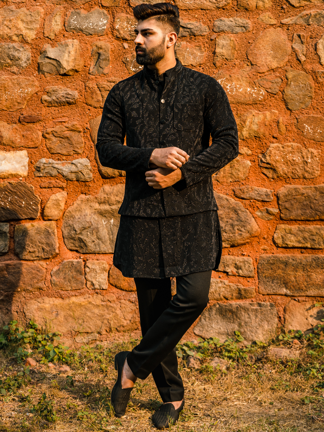 Black Full Velvet Floral Kurta Bandi Set