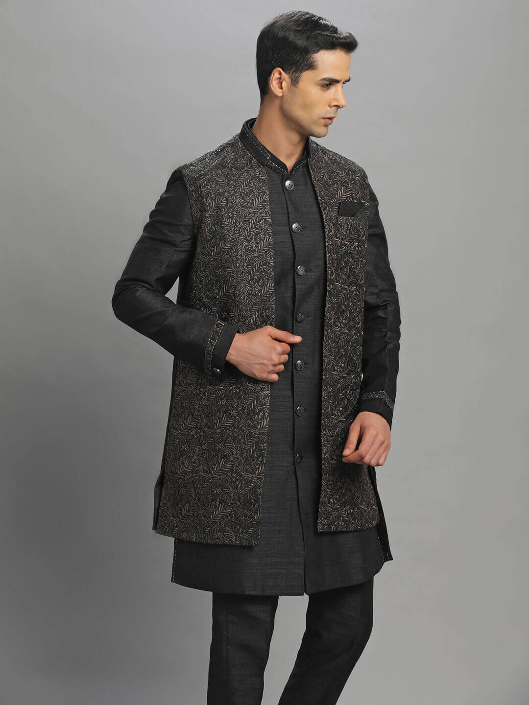 Black Grey Embroidered Long Kurta Pyjama Bandi