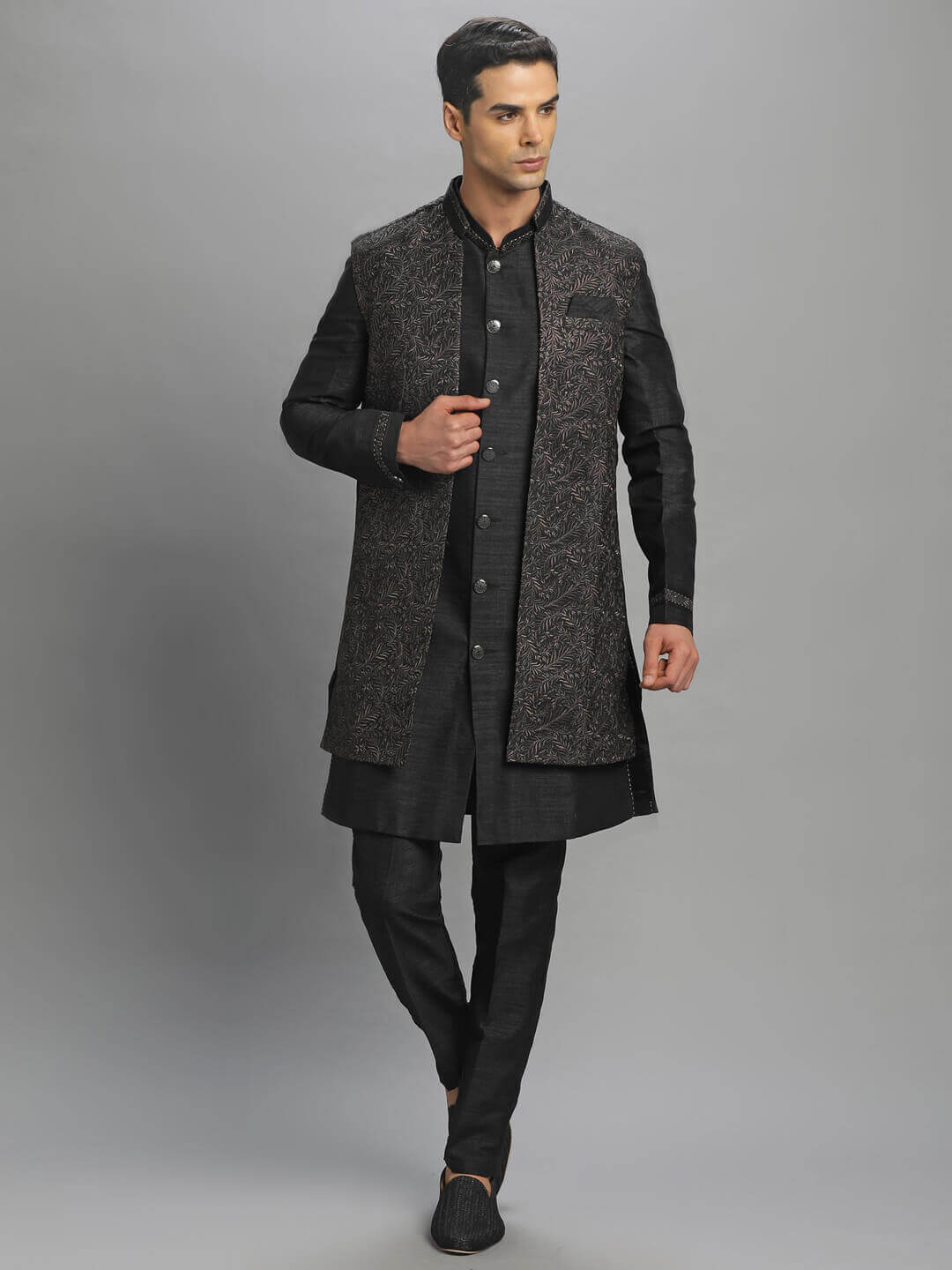 Black Grey Embroidered Long Kurta Pyjama Bandi