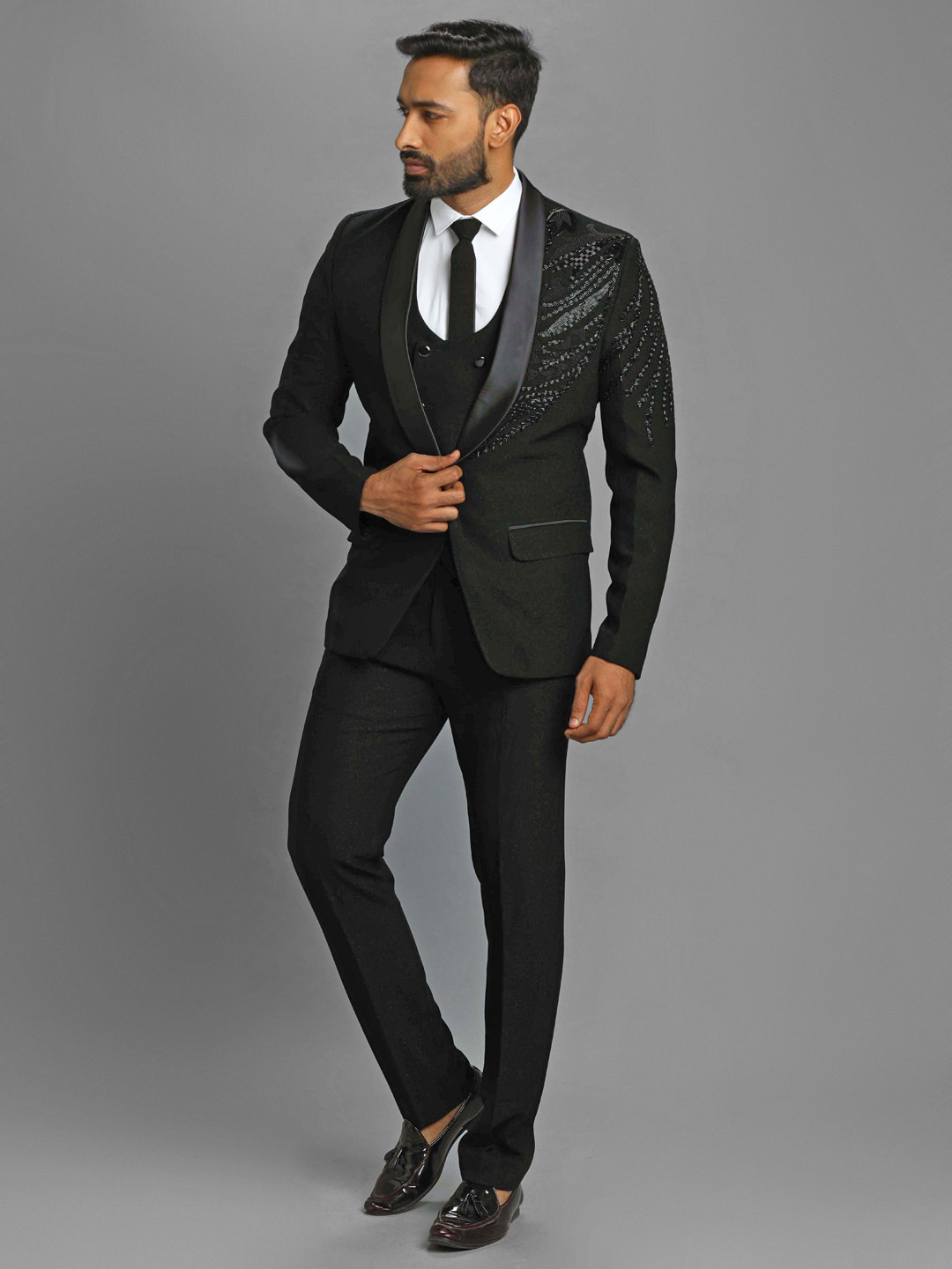 displaying image of Black Heavy Embroidered Left Shoulder Suit