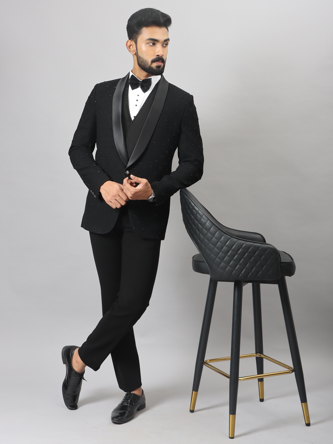 Black Jacquard Small Embellished All Over 3 Piece Suit