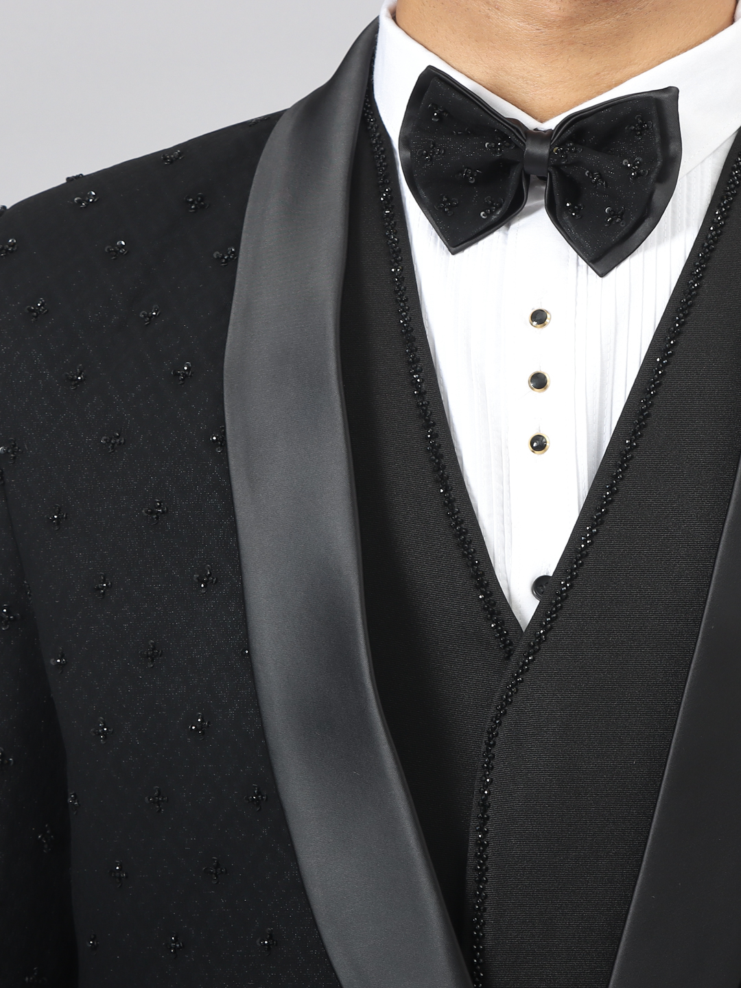 Black Jacquard Small Embellished All Over 3 Piece Suit