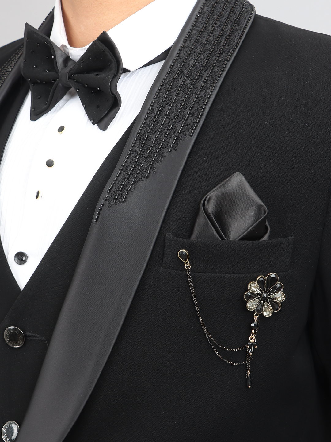 displaying image of Black Lapel Collar Embroidered 3 Piece Suit