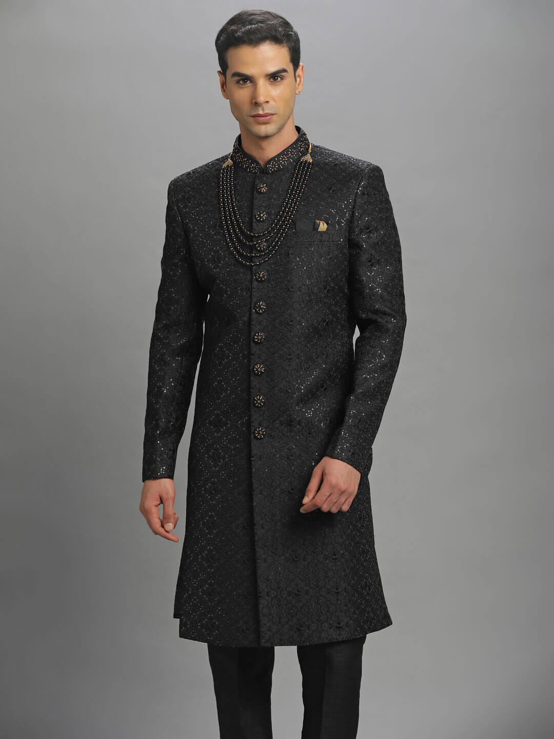Black Shiny Embroidered Indo Sherwani