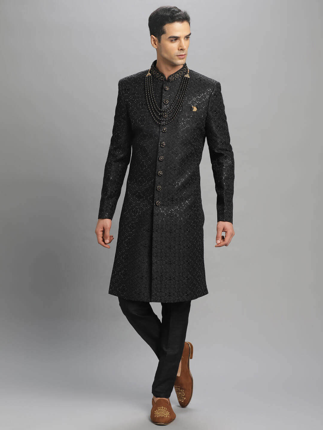 Black Shiny Embroidered Indo Sherwani