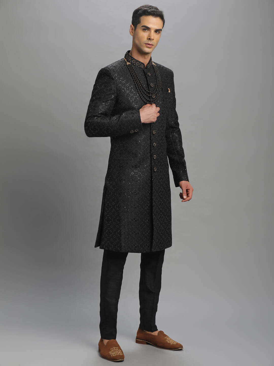 displaying image of Black Shiny Embroidered Indo Sherwani