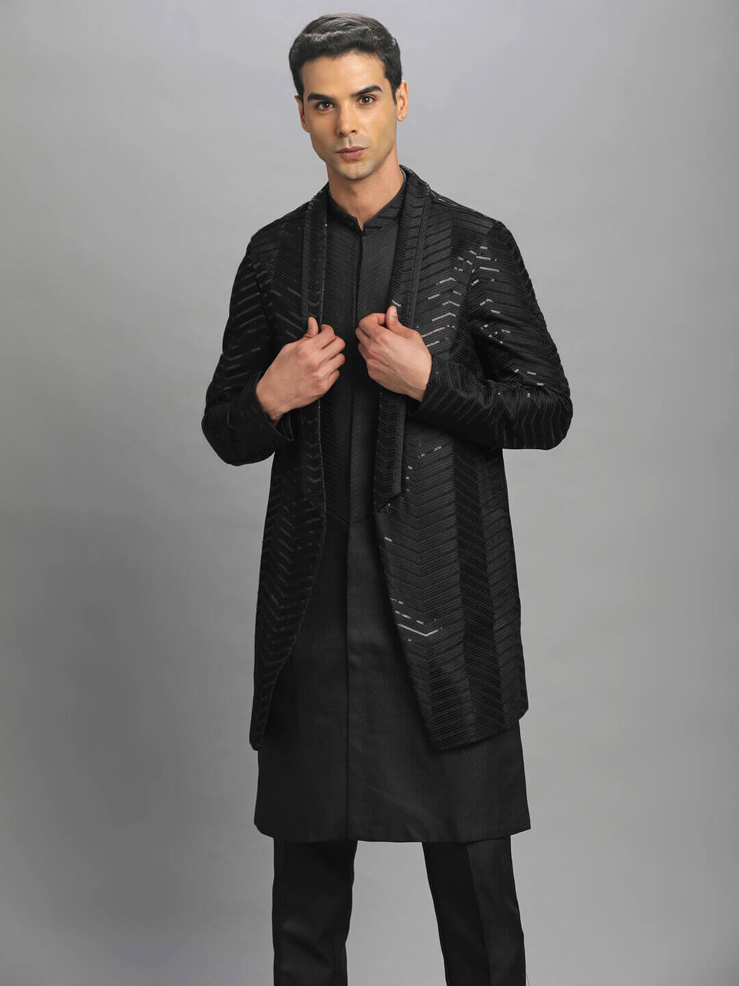 Black Shiny Mascot Long Kurta Pyjama Bandi