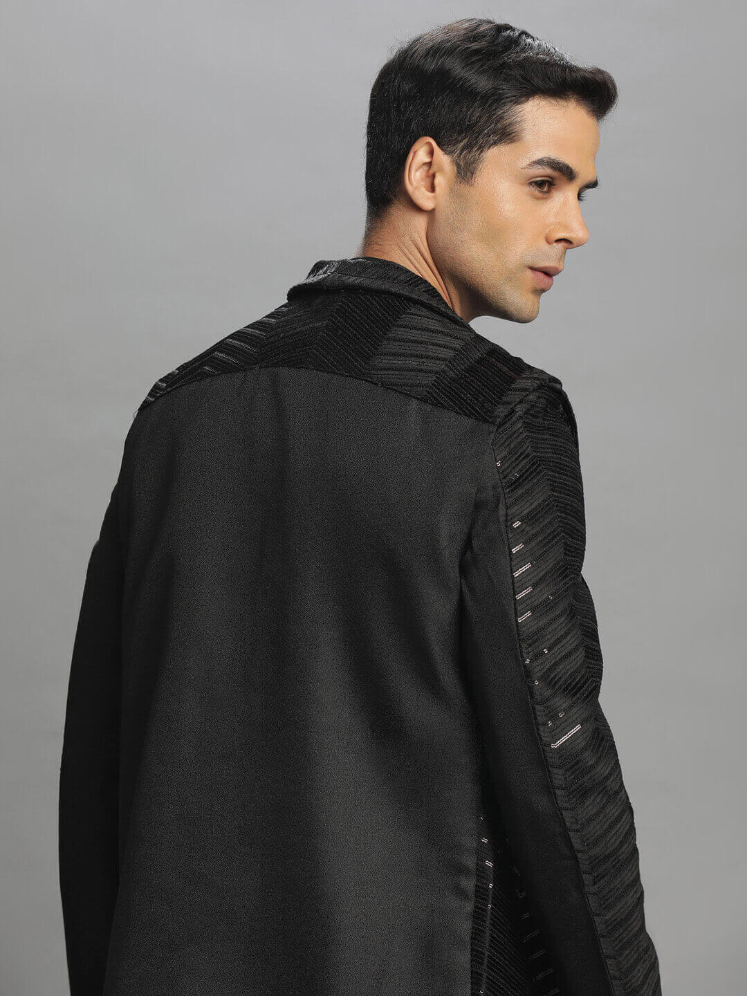 displaying image of Black Shiny Mascot Long Kurta Pyjama Bandi