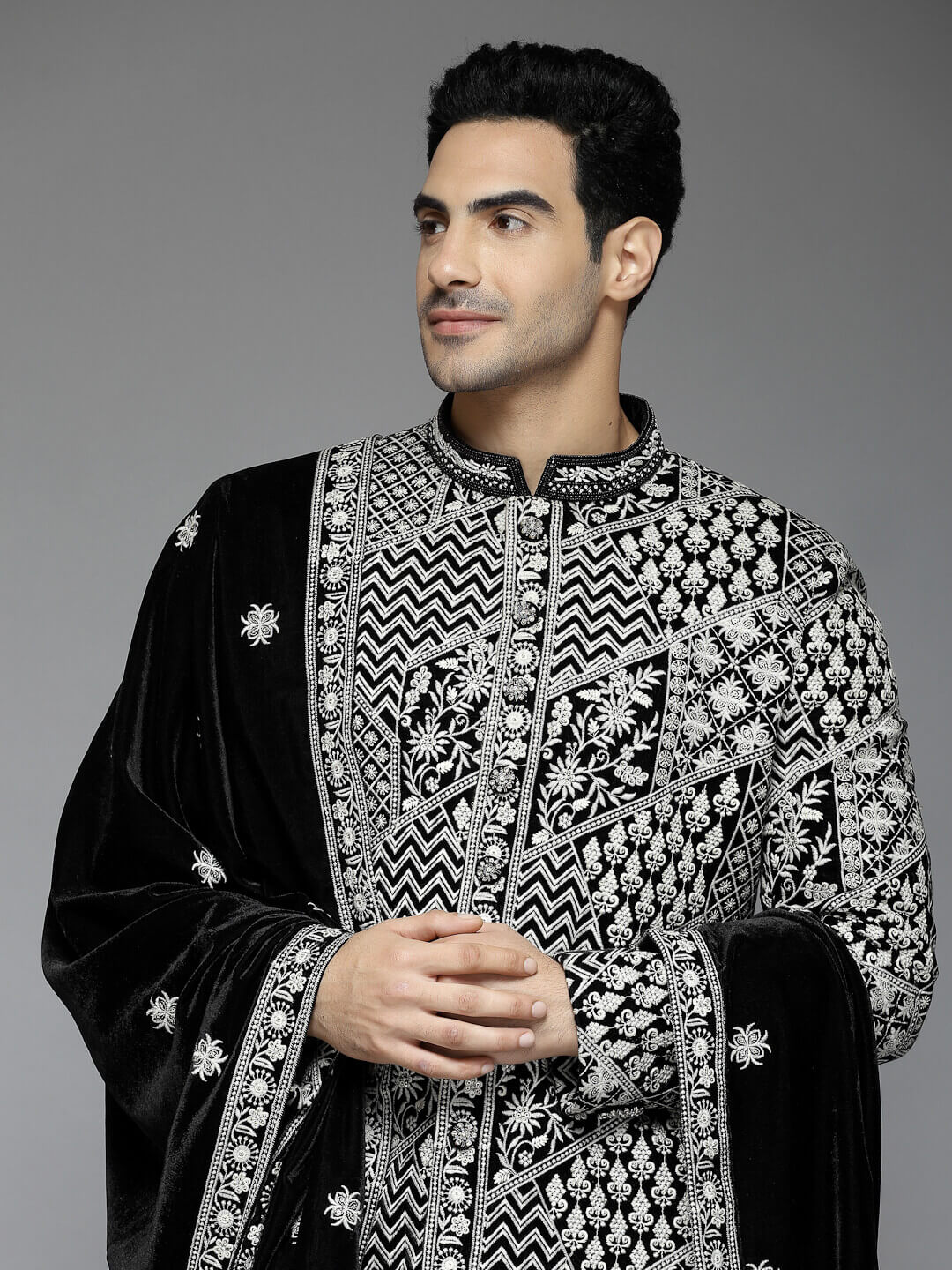 Black Velvet White Embroidered Sherwani