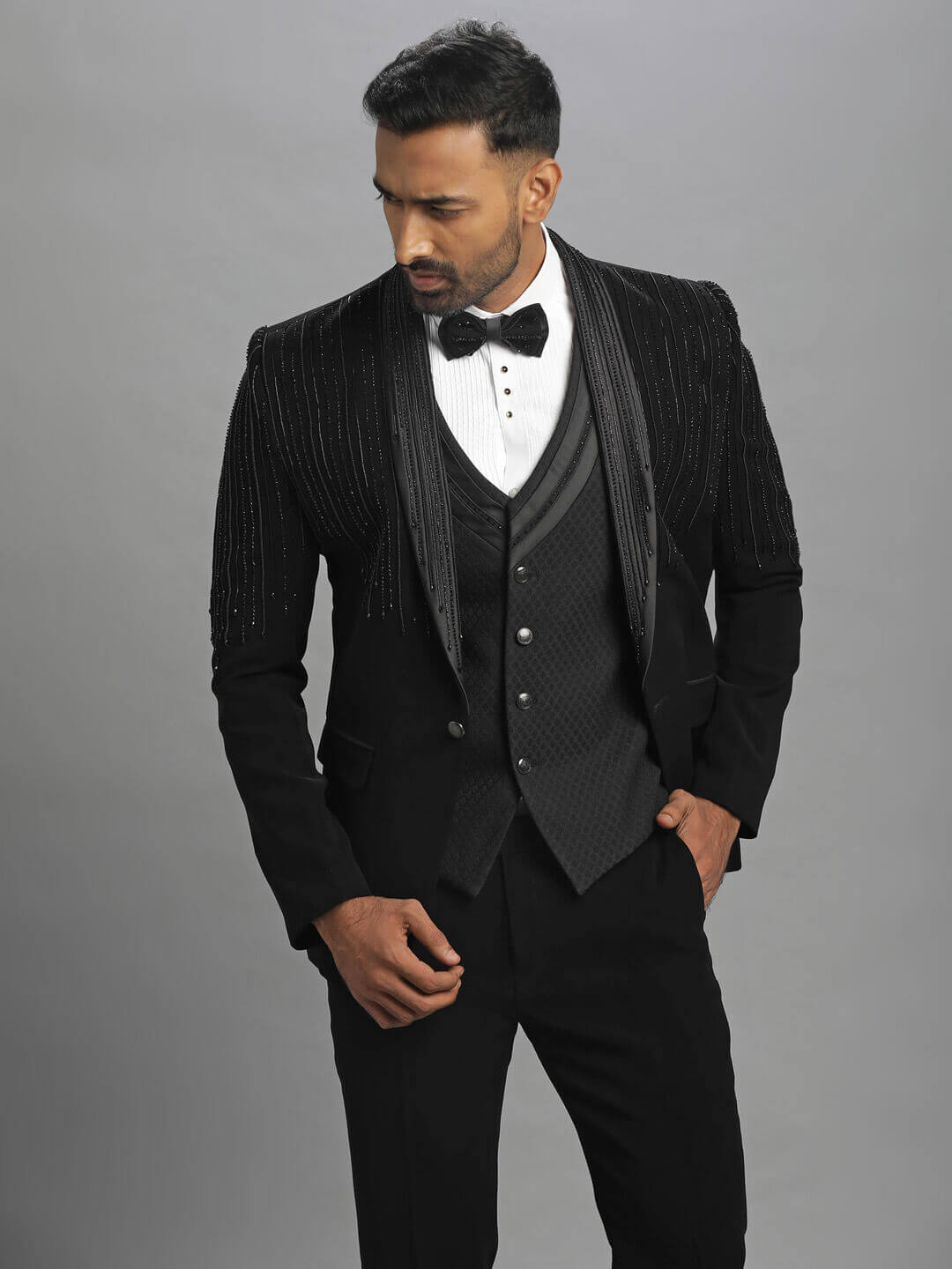 Black Vertical Lines Embroidered 3 Piece Tuxedo