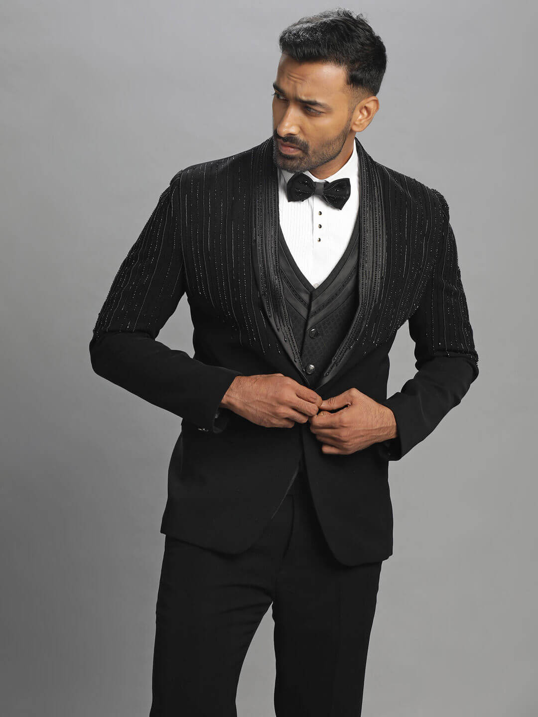 Black Vertical Lines Embroidered 3 Piece Tuxedo