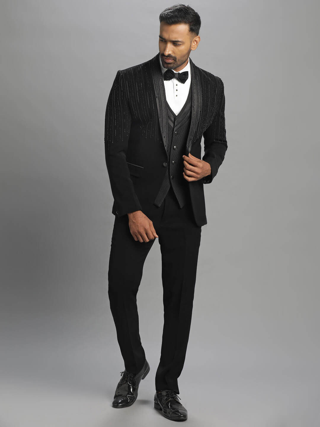 displaying image of Black Vertical Lines Embroidered 3 Piece Tuxedo