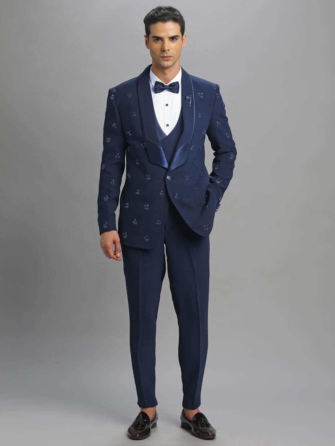 Candidmen: Blue Booti Embroidered 3 Piece Tuxedo