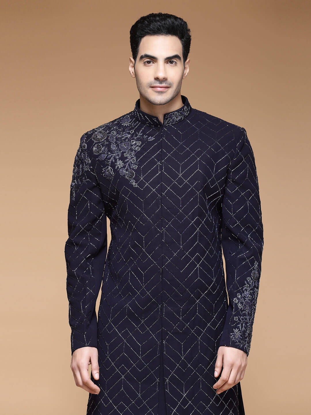 Blue Embroidered Left Shoulder Sherwani