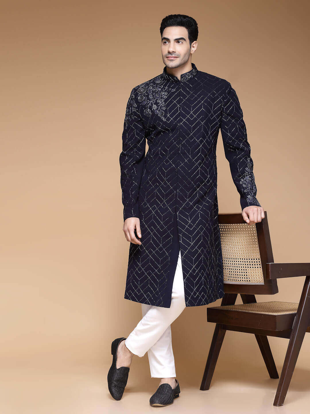 Blue Embroidered Left Shoulder Sherwani