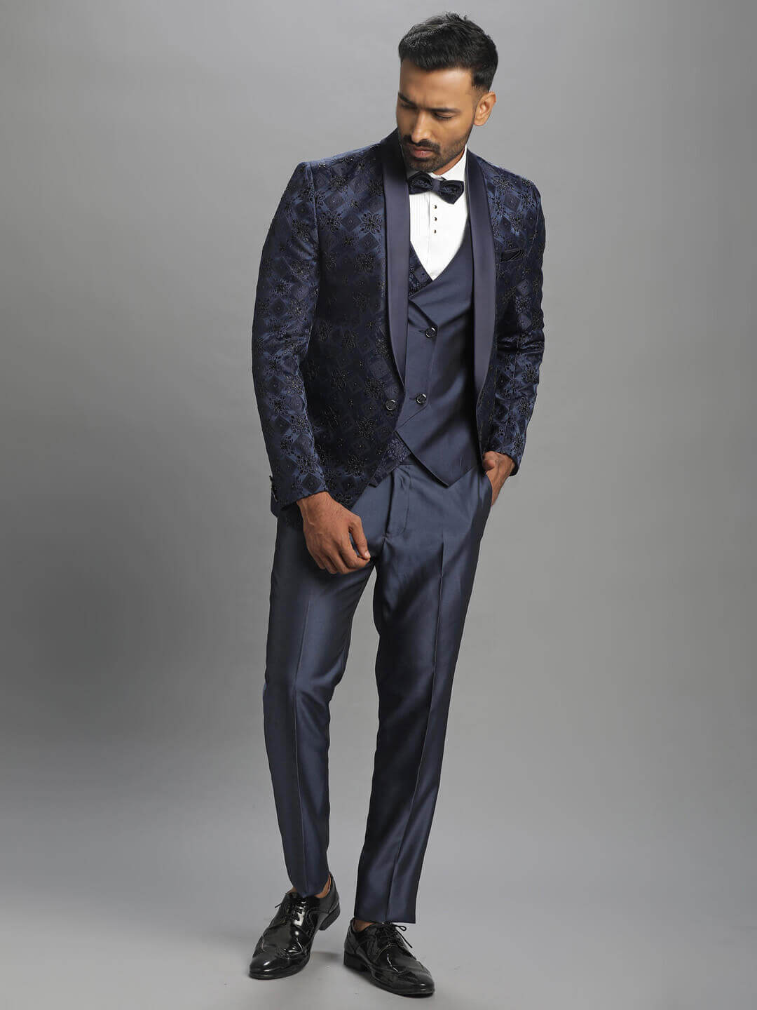 displaying image of Blue Embroidered Ceremony 3 Piece Tuxedo
