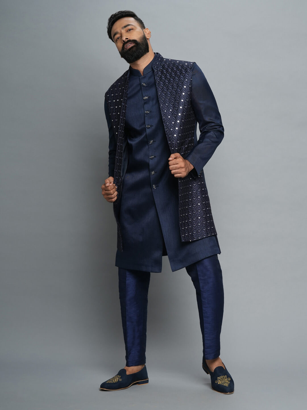 Blue Mirror Work Kurta Pyjama Bandi