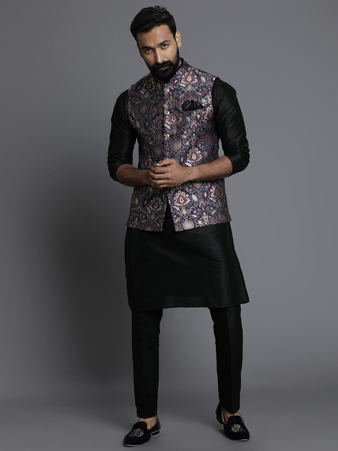 Blue Printed Jaquard Kurta Pyjama Set