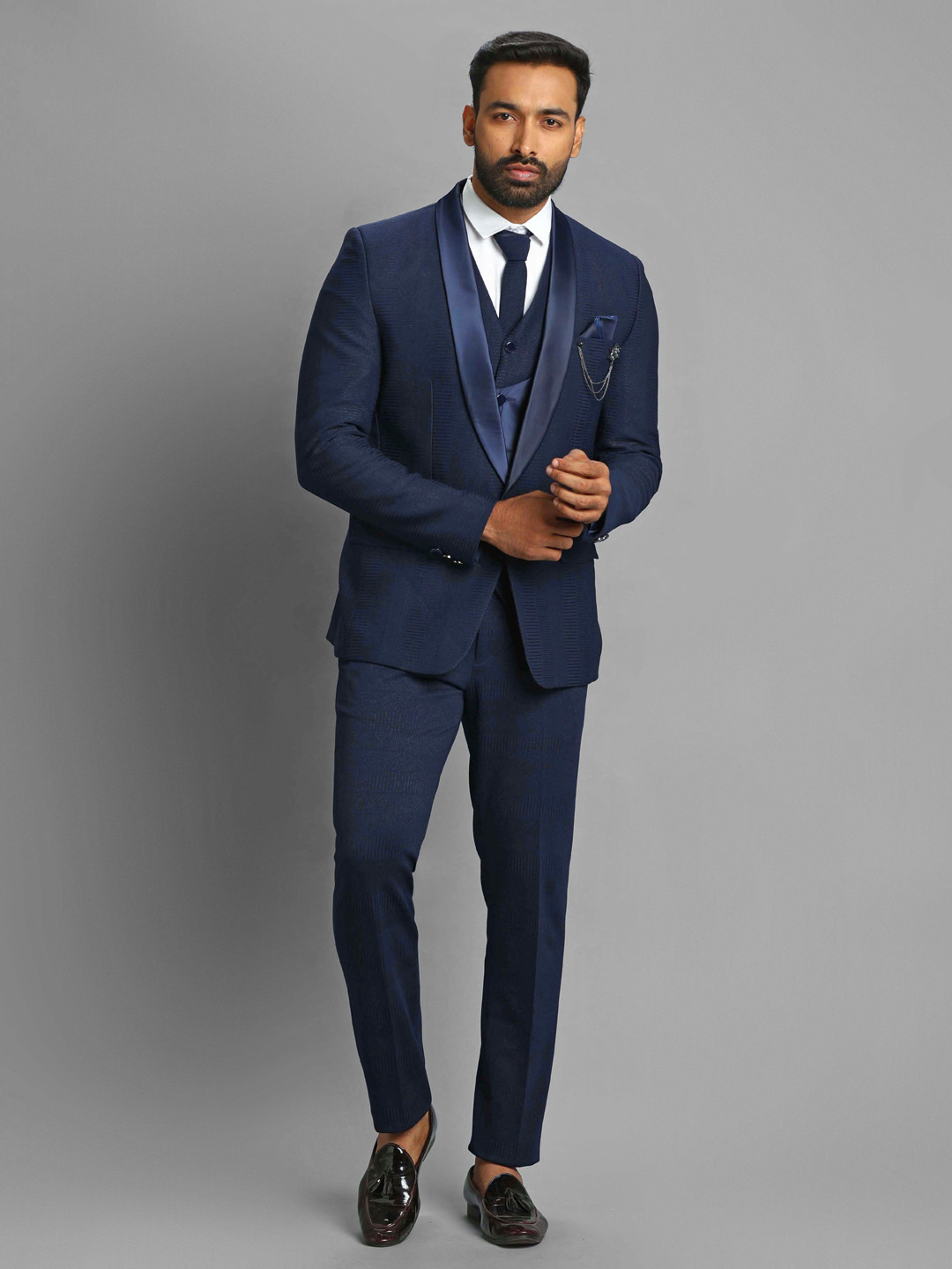 Blue Shiny Textured Print 3 Piece Suit