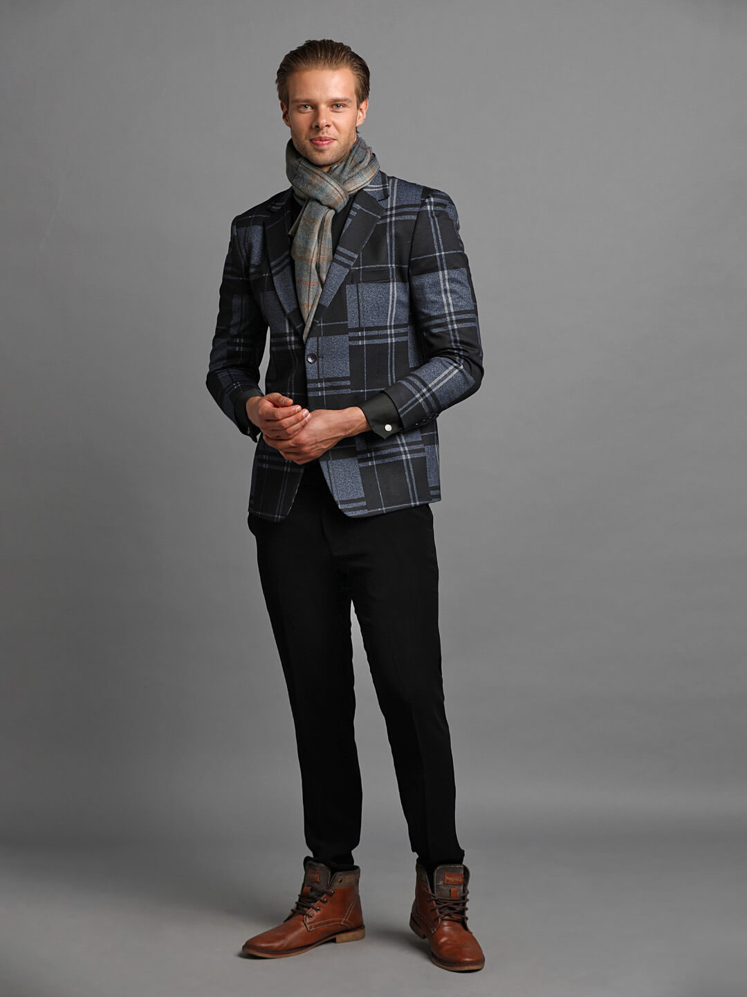 Blue Stylish Checks Black White Blazer