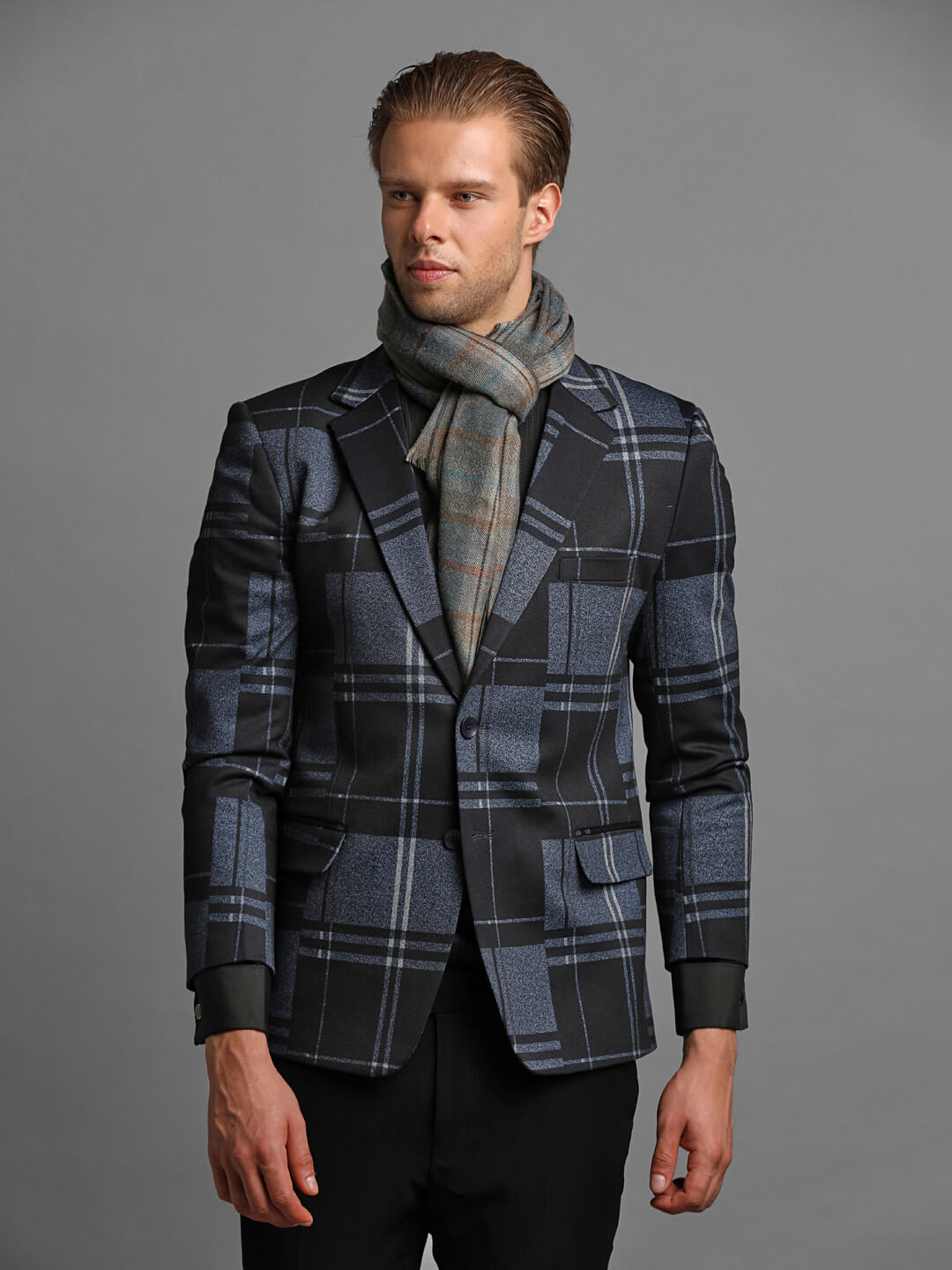 Blue Stylish Checks Black White Blazer