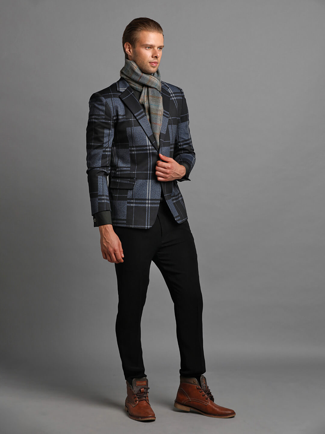 displaying image of Blue Stylish Checks Black White Blazer