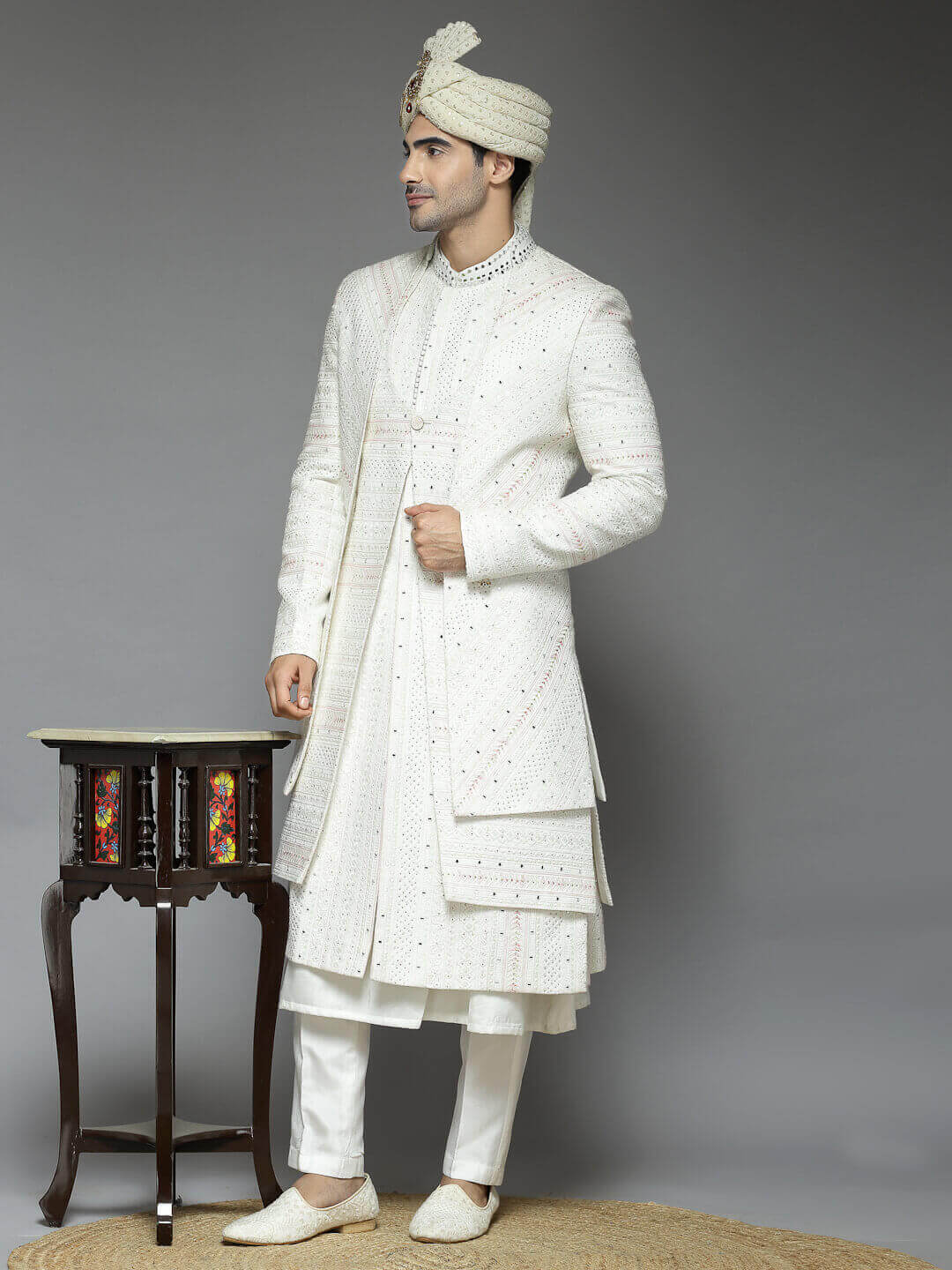Cream Embroidered Designer Flow Sherwani