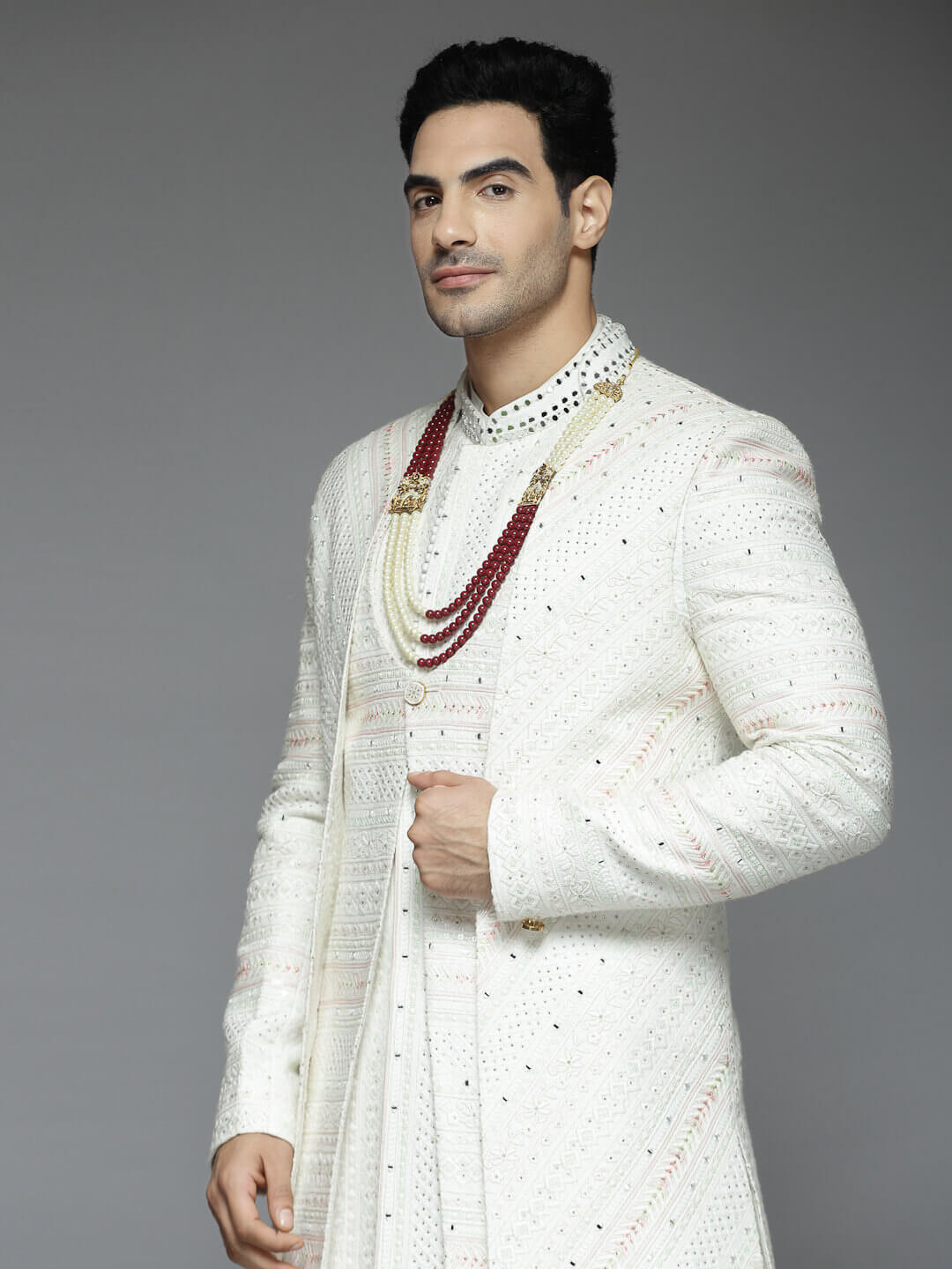 Cream Embroidered Designer Flow Sherwani