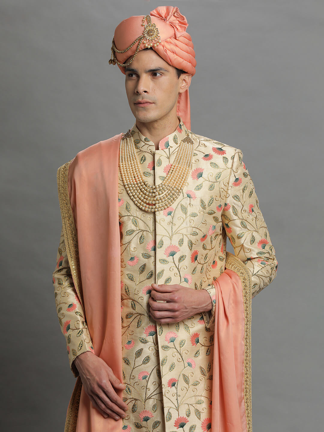 Cream Embroidered Peach Floral Sherwani