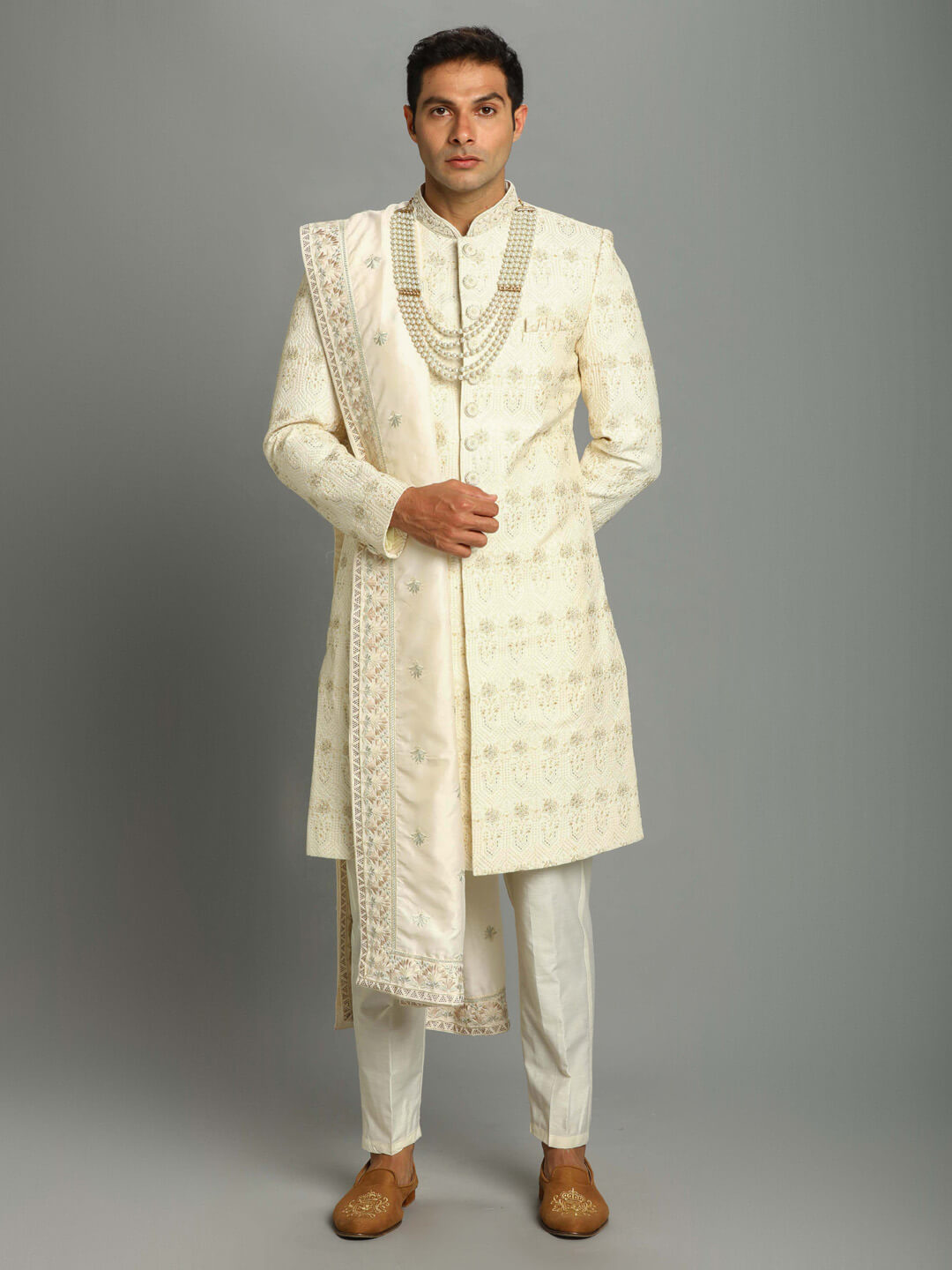 Cream Hand Embroidered Booti Sherwani