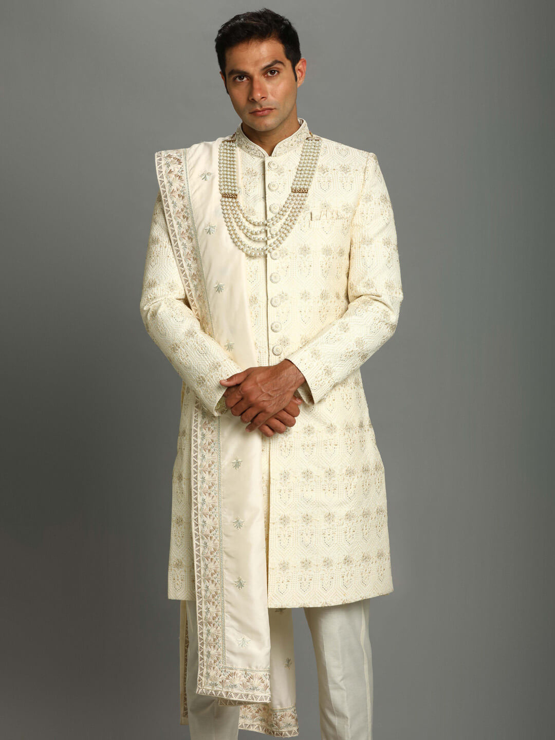 displaying image of Cream Hand Embroidered Booti Sherwani