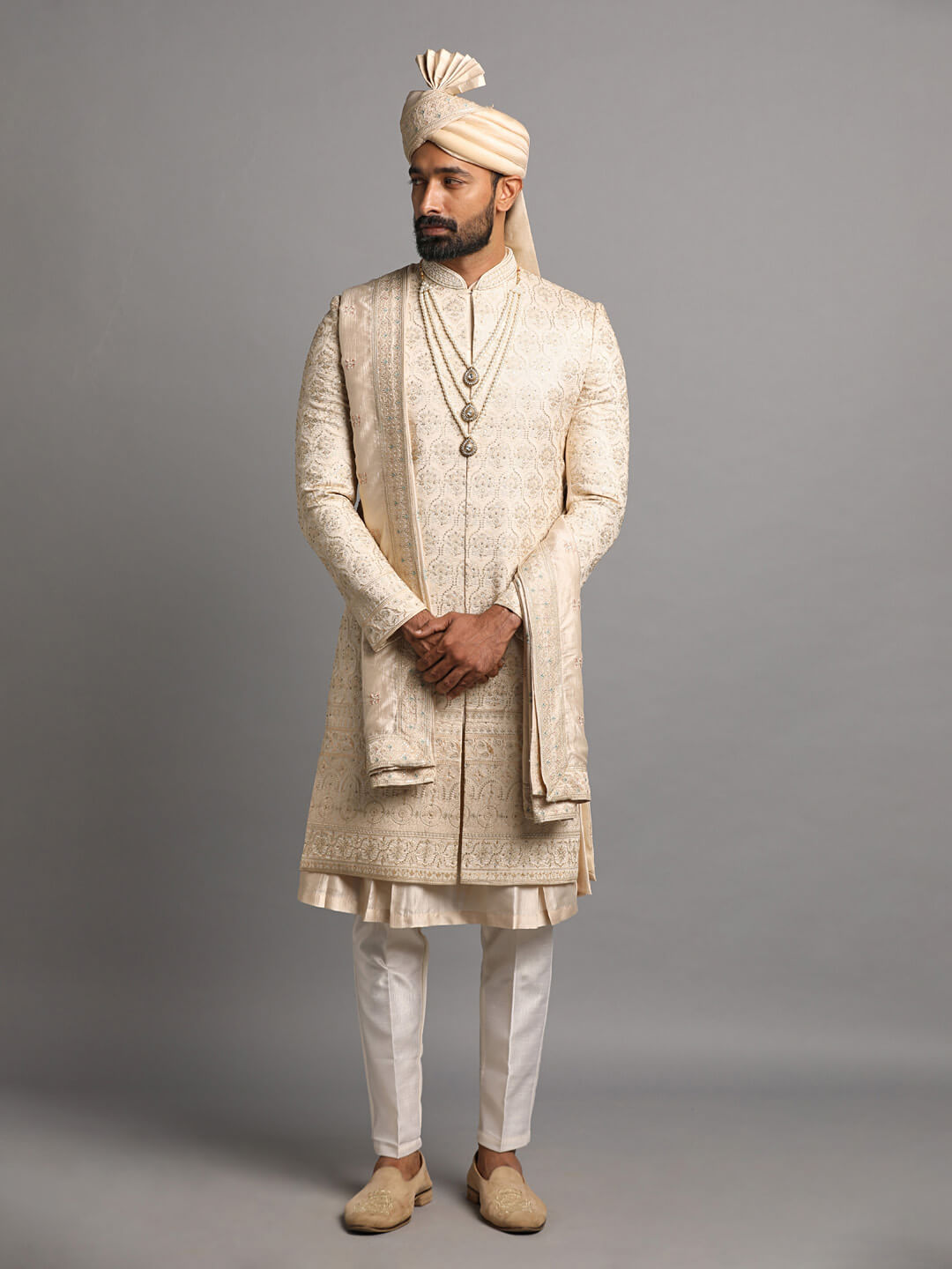 Golden Embroidered Groom Sherwani with Anarkali Kurta