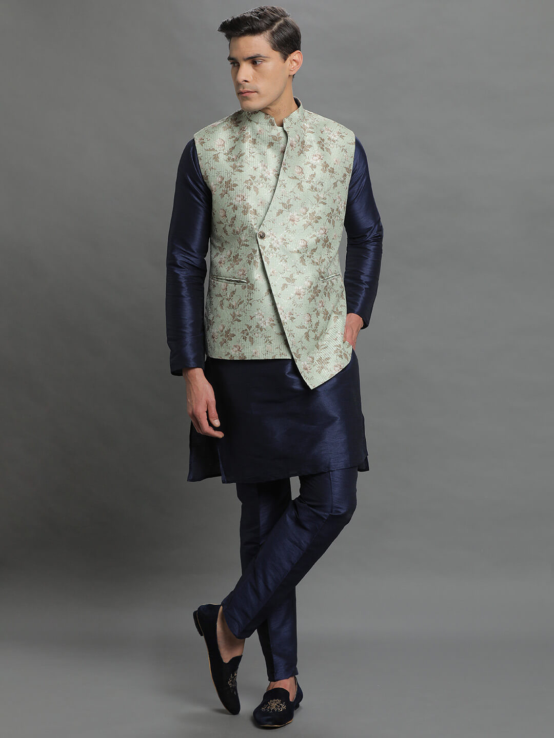 Green Cross Button Kurta Pyjama Set