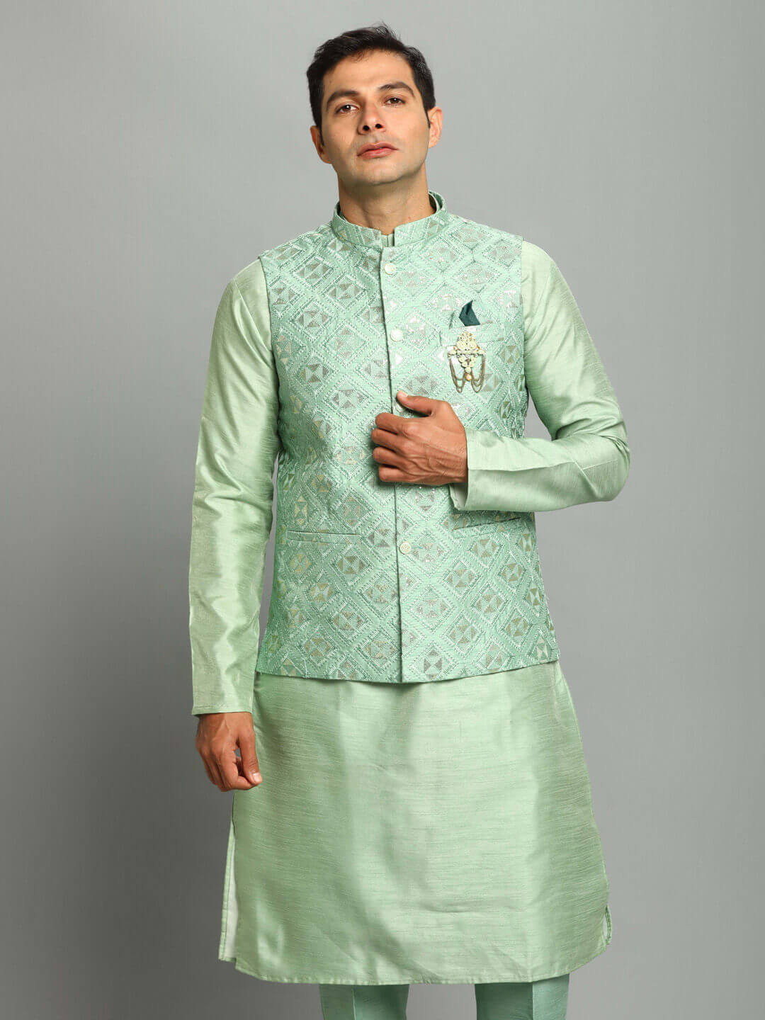 Green Hexagon Kurta Pyjama Bandi
