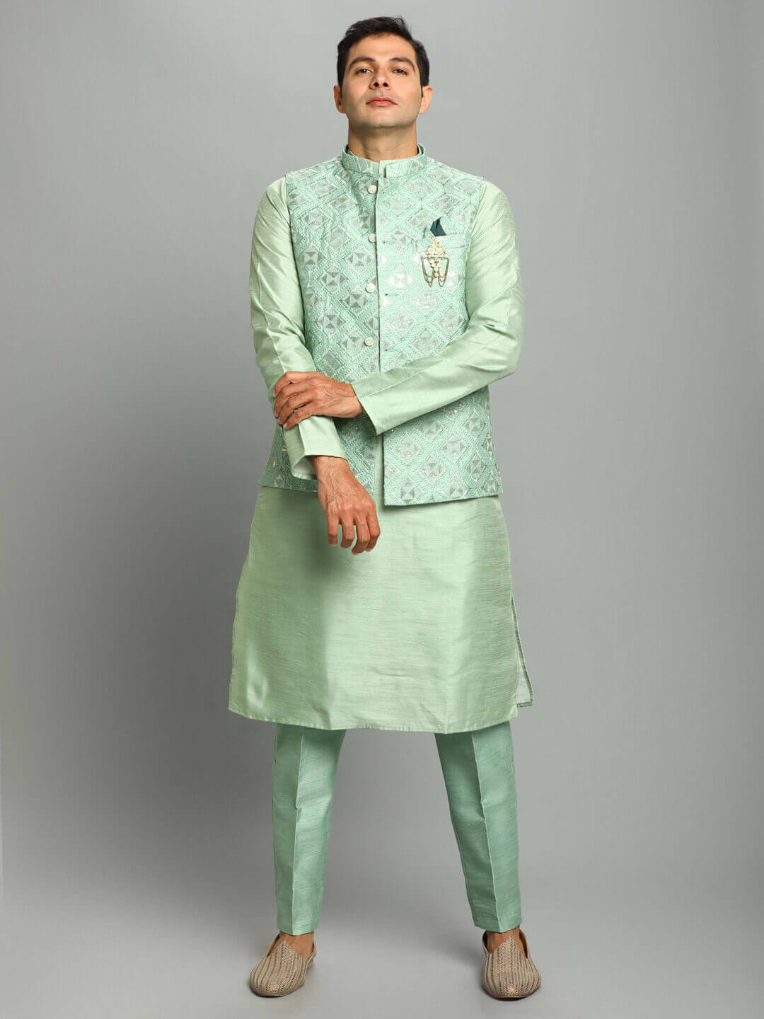 Green Hexagon Kurta Pyjama Bandi