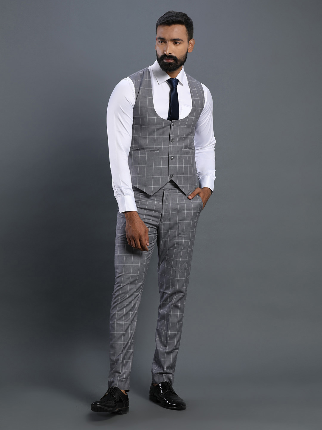 displaying image of Grey Checks 3 Piece Suit