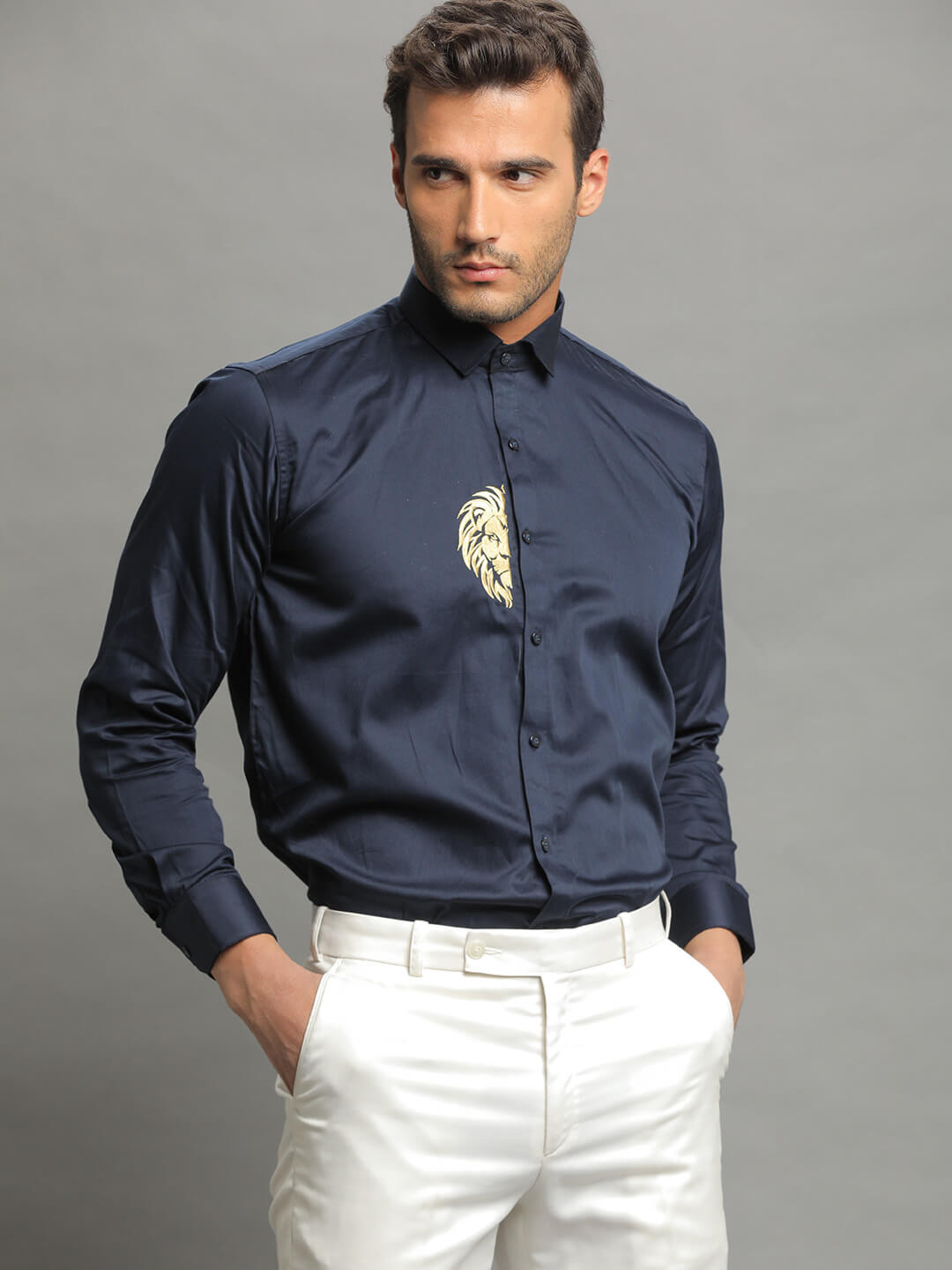 Half Lion Embroidered Blue Shirt